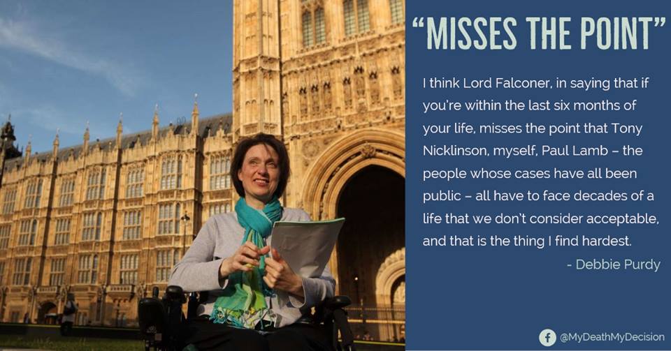 BBC Radio 4 recently broadcast a 2 part programme about Debbie Purdy. The first part is a dramatisation of the story of how Debbie took her legal case to the House of Lords and as a result caused the director of public prosecutions, (DPP), to issue guidelines clarifying the facts to be considered when deciding whether someone should be prosecuted for assisting suicide.